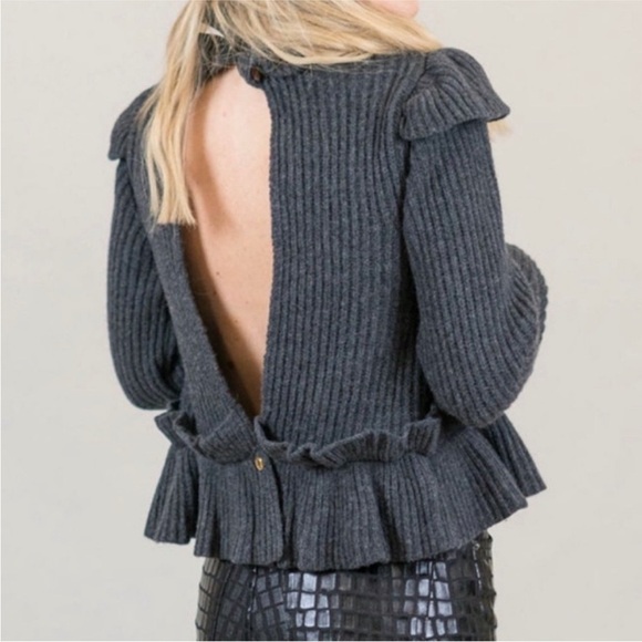 Ganni- Charcoal Grey Wool Longsleeve Cutout Ruffle Peplum Sweater - Picture 2 of 11